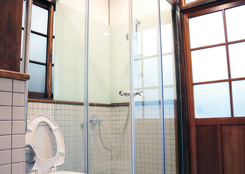 The bathroom is divided into wet (shower) and dry sections and includes a shower and basic bathroom amenities.
